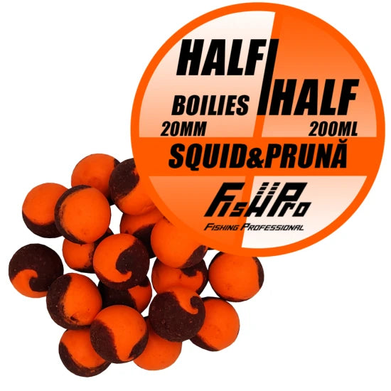 Boilies Fish Pro Half-half, Squid Prune, 20mm, 200ml