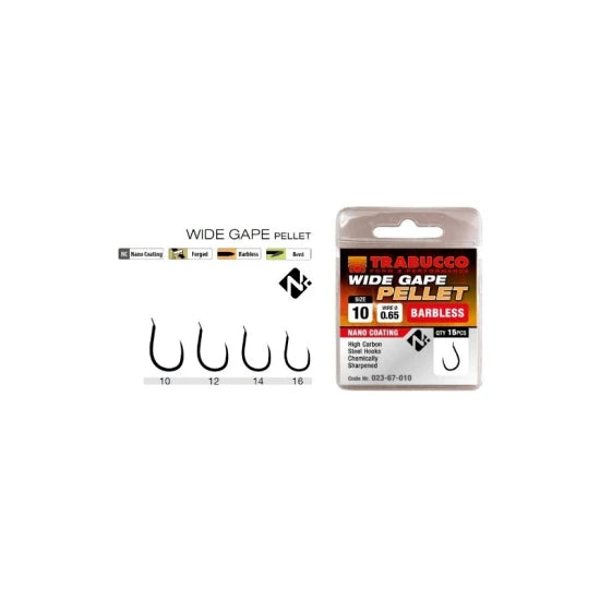 Carlige Trabucco Wide Gape Pellet Barbless 15buc/plic Nr.16