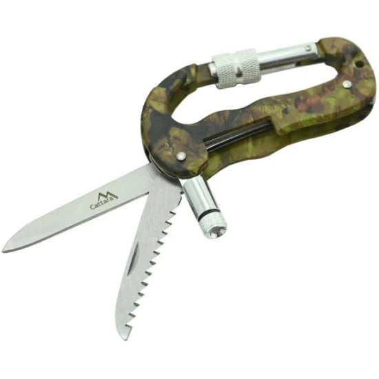 Carabiniera Multifunctionala Din Aluminiu Cattara 3 In 1, Cutit, Cutit Serat, Lanterna, Camuflaj - Tt13218