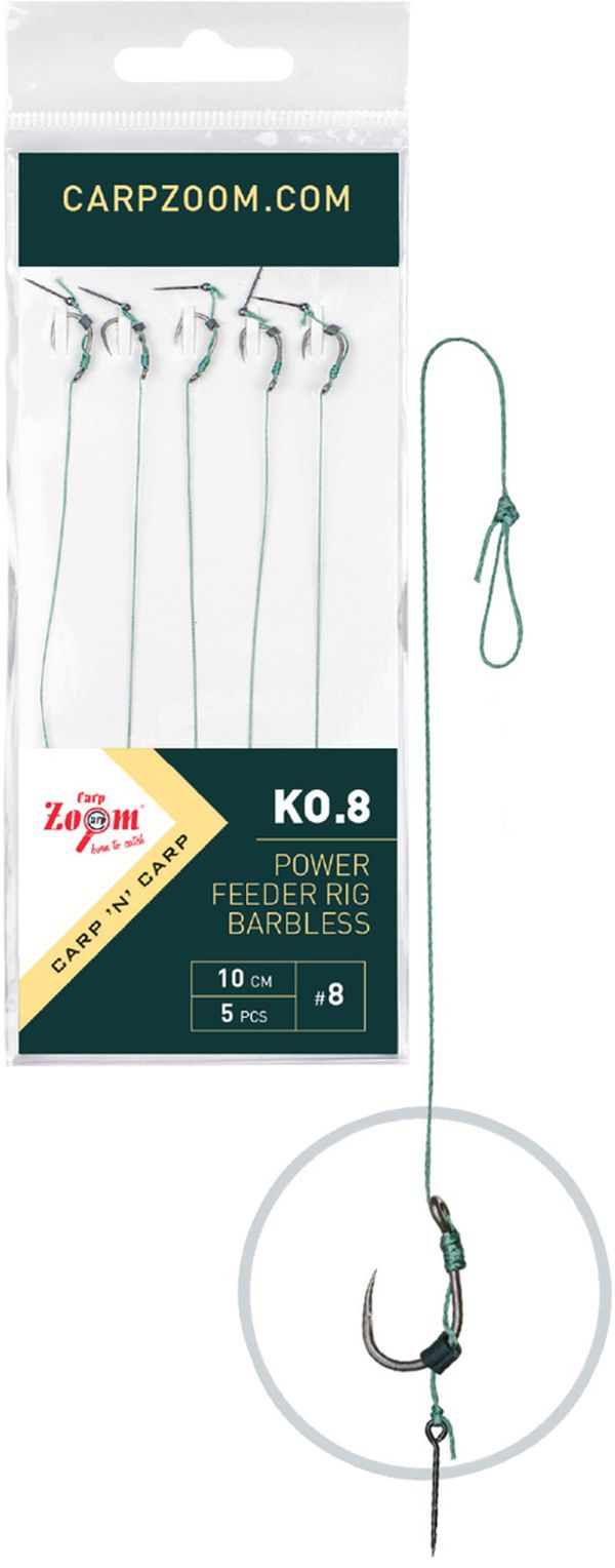 Carlige Legate Carp Zoom Power Feeder Barbless, 10cm, Nr.10, 0.18mm, 5buc/plic