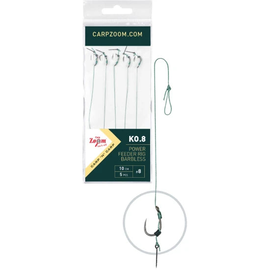 Carlige Legate Carp Zoom Power Feeder Barbless, 10cm, Nr.12, 0.18mm, 5buc/plic