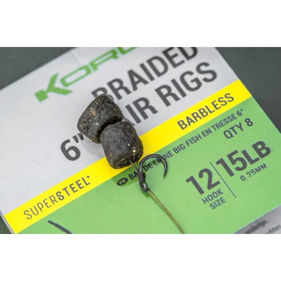 Carlige Legate Korum Big Fish Braided Hair Rigs Barbed, 15cm, Nr.12, 8buc/pac