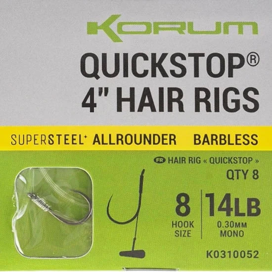Carlige Legate Korum Big Fish Hair Rigs With Quickstop 10cm, Nr.8 Barbless, 8buc/pac