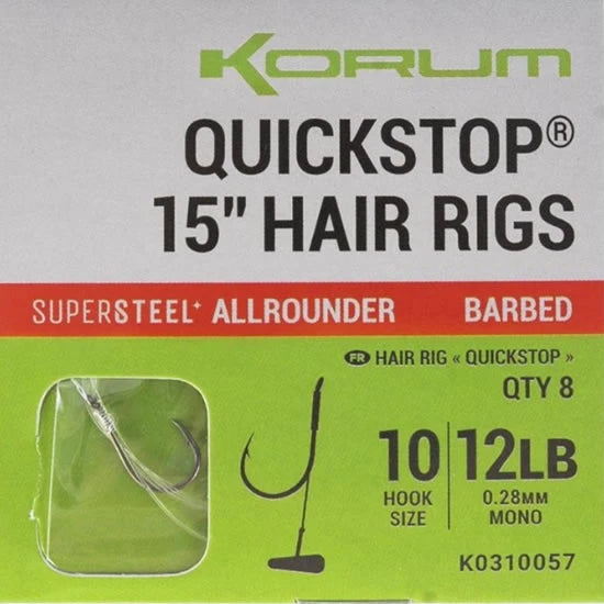 Carlige Legate Korum Big Fish Hair Rigs With Quickstop 38cm, Nr.10 Barbed, 8buc/pac