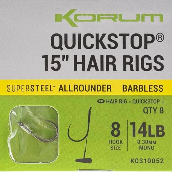 Carlige Legate Korum Big Fish Hair Rigs With Quickstop 38cm, Nr.12 Barbless, 8buc/pac