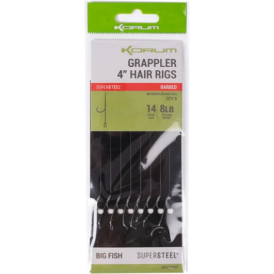 Carlige Legate Korum Grappler Hair Rigs Barbed, Nr.10, 38cm, 5buc/pac