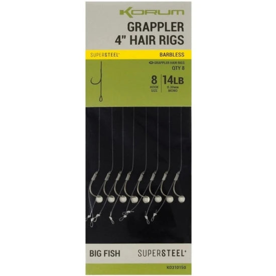 Carlige Legate Korum Grappler Hair Rigs Barbless, 10cm, Nr.14, 8buc/pac