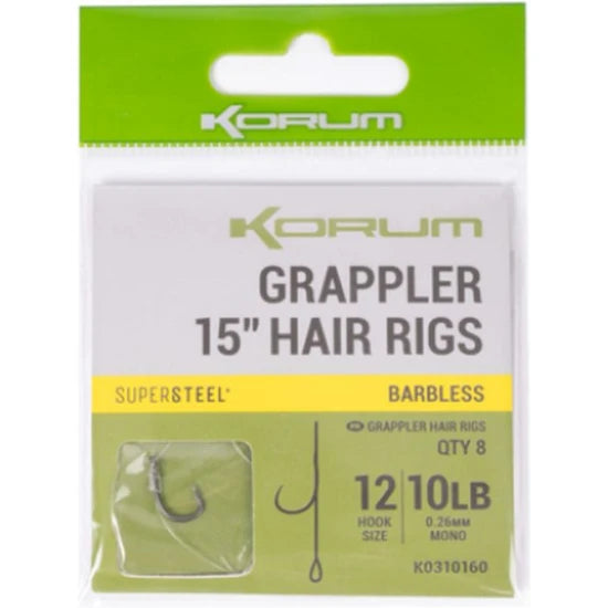 Carlige Legate Korum Grappler Hair Rigs Barbless, Nr.8, 38cm, 5buc/pac