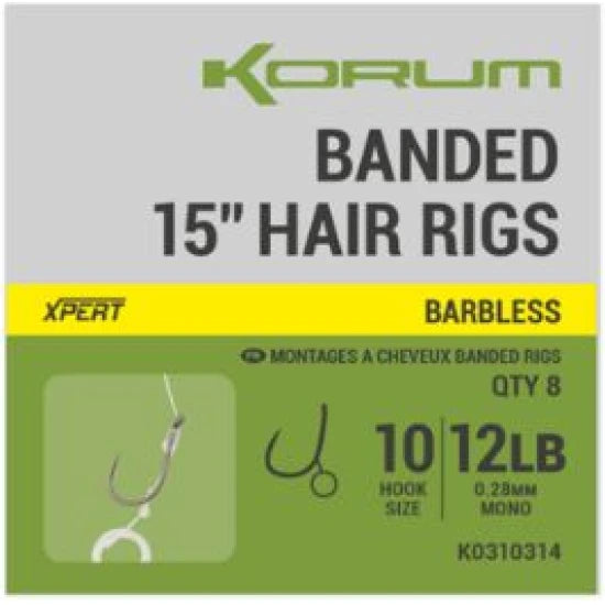 Carlige Legate Korum Hair Rigs Barbless, 10lbs, Nr.12, 38cm, 8buc/pac