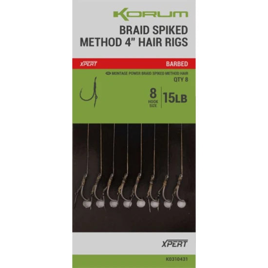 Carlige Legate Korum Power Braid Spiked Method Hair Rigs Barbed, 15lbs, Nr.10, 11cm, 8buc/pac
