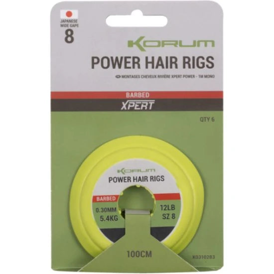 Carlige Legate Korum Power Hair Rigs Barbed Mono, 100cm, 10lbs, 0.28mm, Nr.12, 6buc/pac