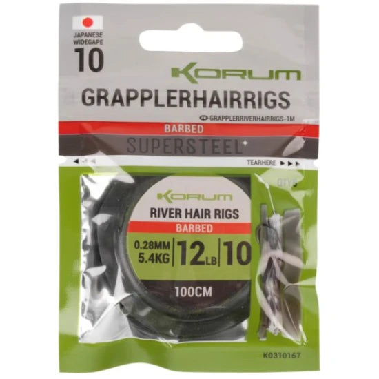 Carlige Legate Korum River Grappler Hair Rigs M1 Barbed, Nr.14, 100cm, 5buc/pac