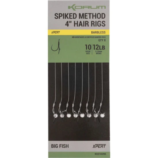 Carlige Legate Korum Spiked Method Hair Rigs Barbless, 12lbs, Nr.10, 10cm, 8buc/pac