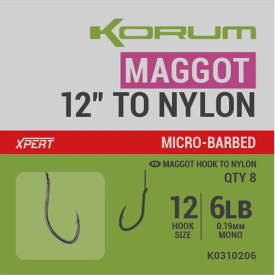 Carlige Legate Korum Xpert Maggot Barbed Hooks To Nylon Nr.12, 30cm, 0.19mm, 6lb, 8buc/pac