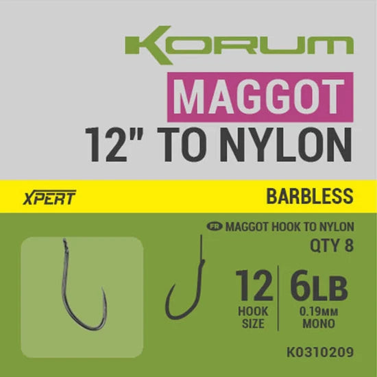 Carlige Legate Korum Xpert Maggot Barbless Hooks To Nylon Nr.12, 30cm, 0.19mm, 6lb, 8buc/pac