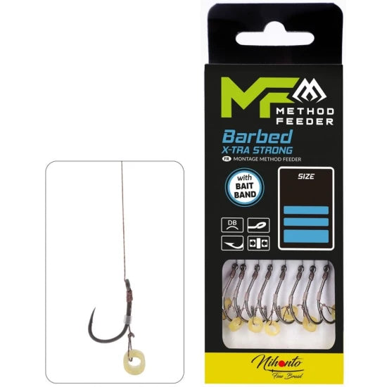Carlige Legate Mikado Method Feeder Rig Cu Banda X-tra Strong, Nr.8, 0.12mm, 10cm, 8buc/pac