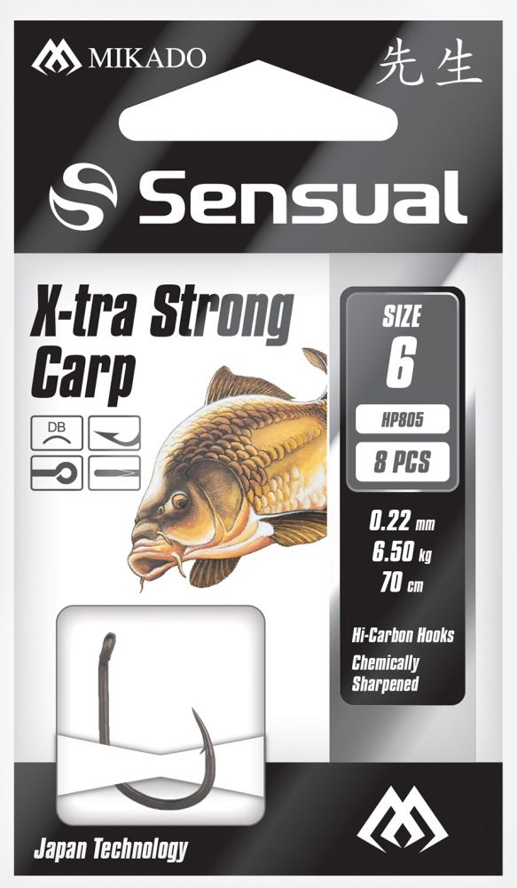 Carlige Legate Mikado Sensual X-Tra Strong Carp, 70cm, Nr.12, 0.18mm, 8buc/plic