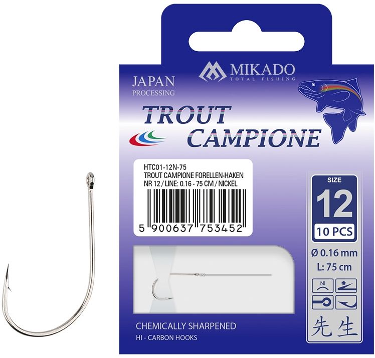 Carlige Legate Mikado Trout Campione, 150cm, Nr.10, 0.18mm, 10buc/pac