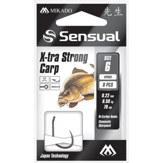 Carlige Legate Mikado X-tra Strong Carp, 70cm, Nr.6, 0.22mm, 8buc/plic