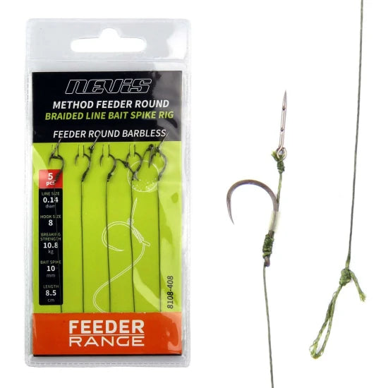 Carlige Legate Nevis Method Cu Spin Feeder Round Barbless Nr.8, 5buc/pac