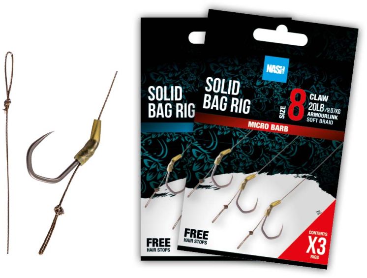 Carlige Legate Nash Solid Bag Rig Barbed, 20lbs, nr.8, 3buc/plic