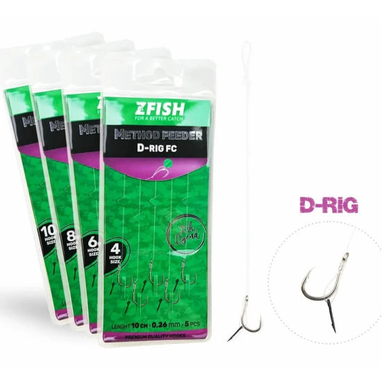 Carlige Legate Zfish Method Feeder D-rig, Carlig Nr.8, Spin 6mm, Fir  Fluorocarbon 0.22mm, 5buc/pac