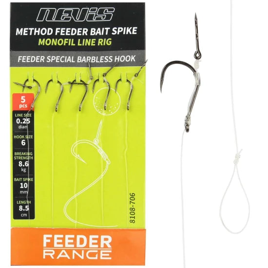 Carlige Legate Cu Spin Momeala Nevis Method Feeder Bait Spike Monofil Line Rig, Nr.6, 8.5cm, 5buc/pac