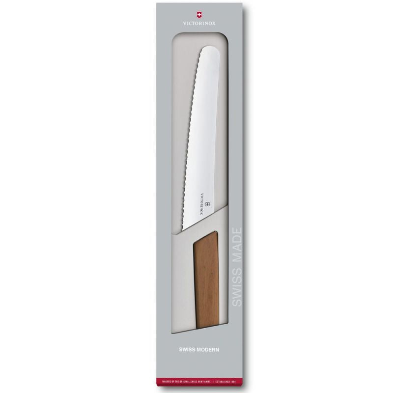 Cutit Bucatarie Victorinox, Swiss Modern pentru Paine , Lama Zimtata 22cm, Lemn Nuc, Cutie Cadou
