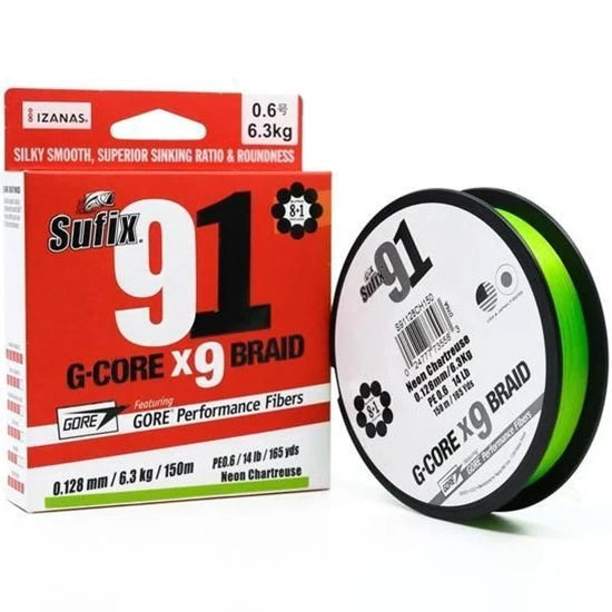Fir Textil Sufix 91 G-core X9 Braid, Neon Chartreuse, 100m, 0.104mm, 4.9kg/11lbs