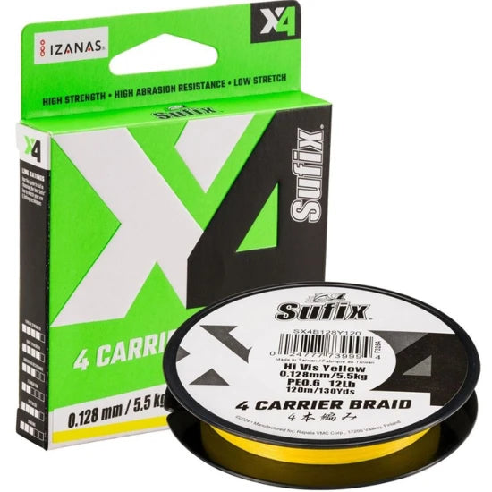 Fir Textil Sufix X4 Carrier Braid, Hi Vis Yellow, 100m, 0.104mm, 4.5kg/10lbs