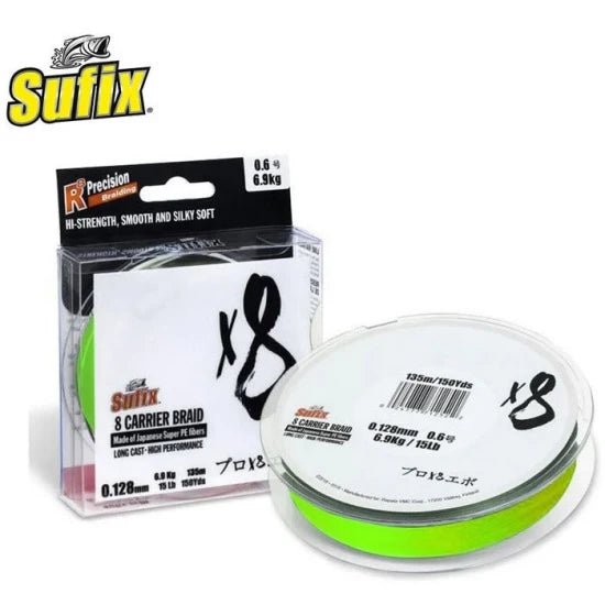 Fir Textil Sufix X8 Carrier Braid, Neon Chartreuse, 100m, 0.080mm, 4.1kg/9lbs
