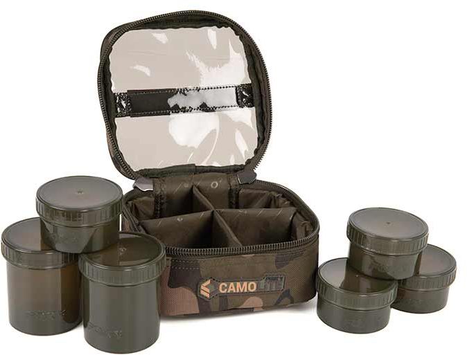 Geanta Fox Camolite 6 Pot Hookbait Case, Camo, 17x16.5x9.5cm