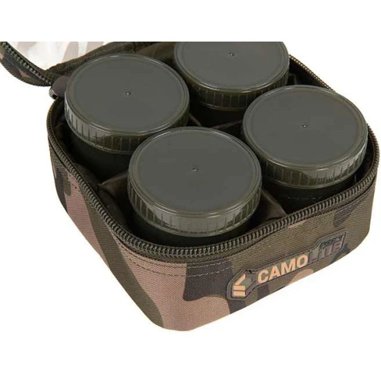 Geanta Fox Camolite 6 Pot Hookbait Case, Camo, 17x16.5x9.5cm