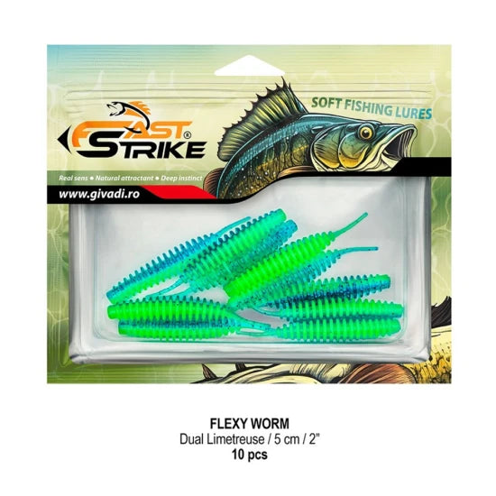 Grub Fast Strike Flexi Worm, 5cm, Dual Limetreuse, 10buc/pac