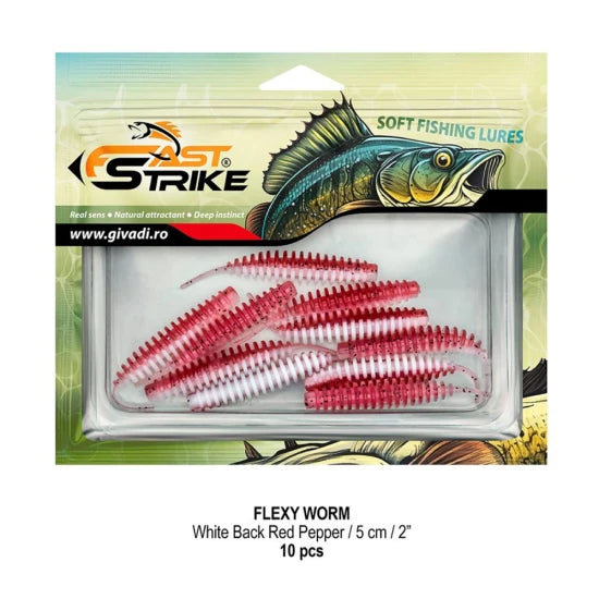 Grub Fast Strike Flexi Worm, 5cm, White Back Red Pepper, 10buc/pac