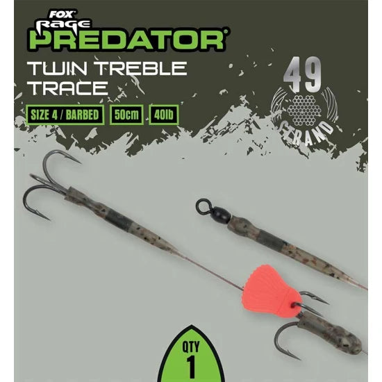 Kit Fox Rage Predator Twin Treble Trace, 52cm, 40lb, Size 4 Barbed, 1buc/pac