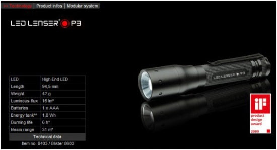 LANTERNA LED LENSER P3 16LM/1XAAA+HUSA