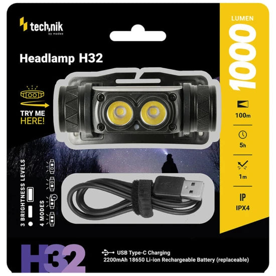 Lanterna De Cap Technik Headlamp H32 (cu Baterie) Osram P9 + Usb-c (1000 De Lumeni)