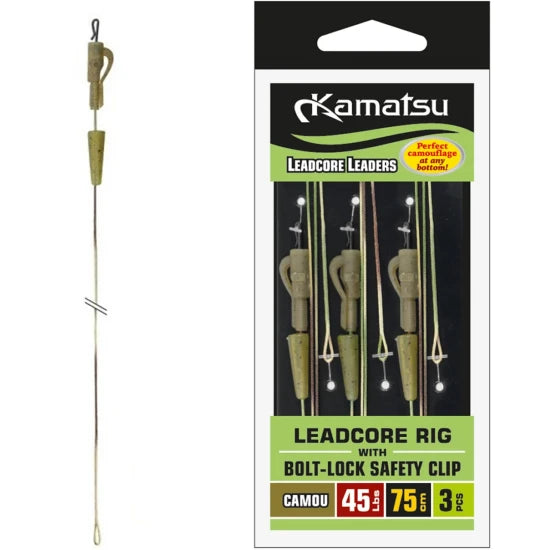 Montura Crap Konger Leadcore Rig With Bolt-lock Safety Clip, Camo, 75cm, 45lbs, 3buc/pac