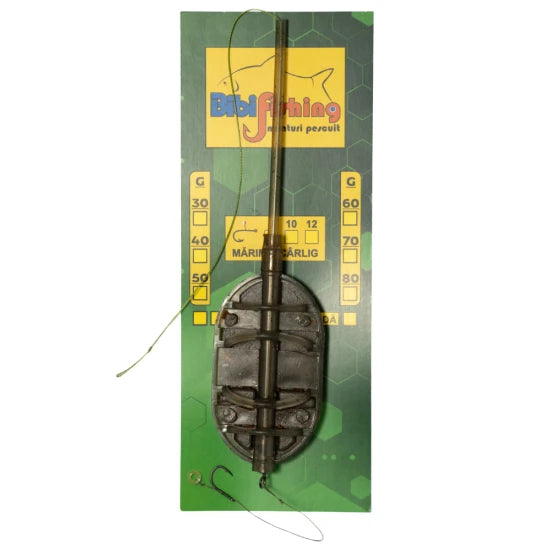 Montura Method Feeder Bibi Fishing Cu Tija Long Cast Cu Banda, 50g, Carlig Nr. 8, 1buc/plic