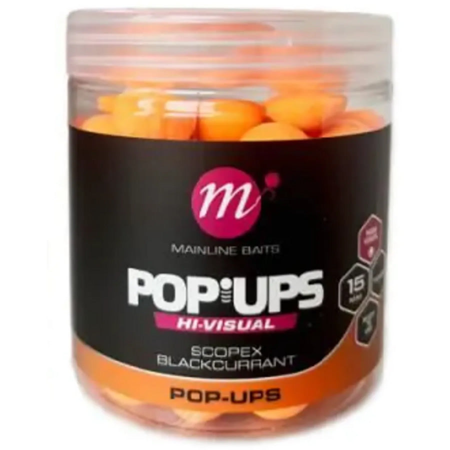 Pop Up MAINLINE Hi-Visual Baits, Fluo Orange, Scopex &amp; Blackcurrant, 15mm, 250ml
