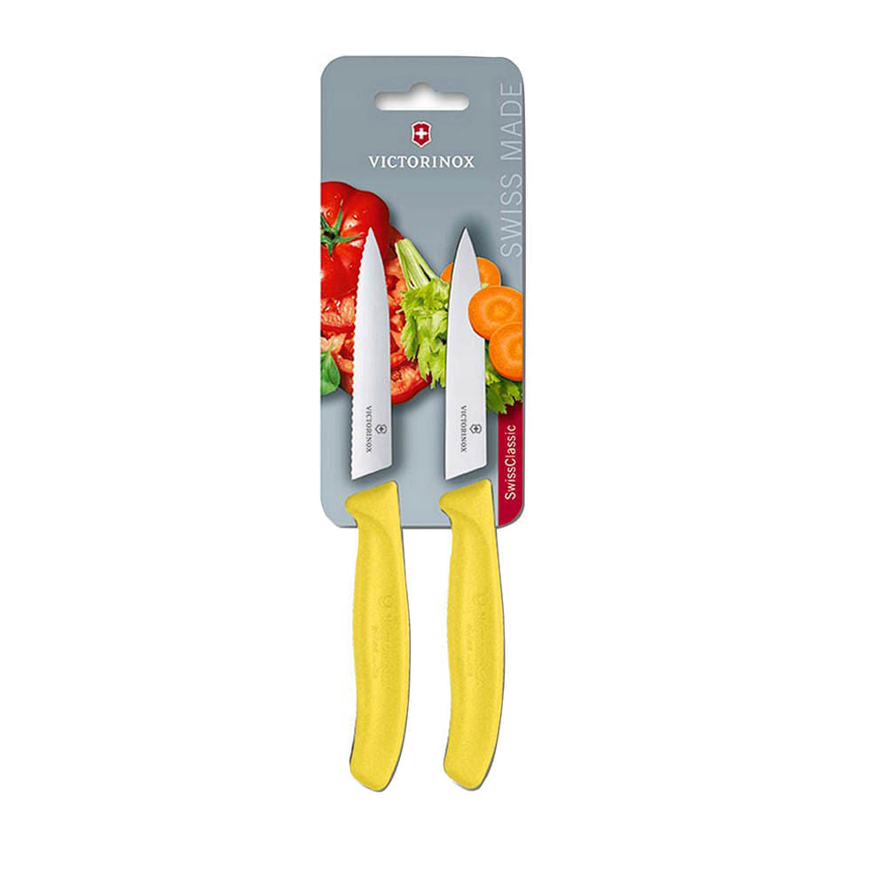 Set 2 Cutite Victorinox,SwissClassic Paring Knife, 1Zimtat+1Lama Dreapta,10cm, Galben, Blister